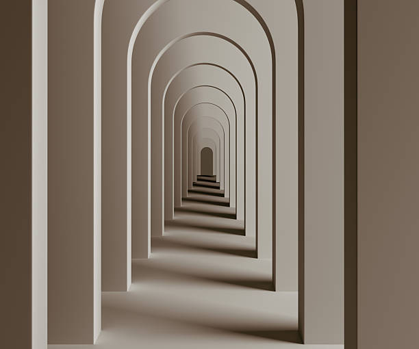 istock Abstract architectural background of endless corridor with repeating arches. 3d rendering Minimalist hallway, long tunnel gallery. 2229354344