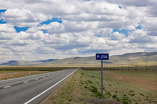 Summer landscape with road sign R256 highway at summer steppe in Altai Republic, Russia. The Chuya Highway or Chuysky Trakt is the old name of the road connecting Russia and Mongolia.