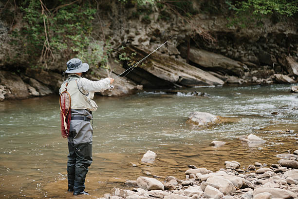 istock Fisherman casting line in river, catching trout on a sunny day 2229365878