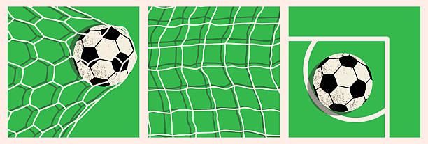Set of modern football posters with goal, net, and corner kick scene. Posters for sports advertisements, football-related content, event presentations, tournament campaigns.