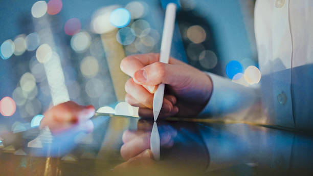 stylus pen signing process on a tablet screen, with bokeh lighting creating a futuristic ambiance. the scene emphasizes security, efficiency, and the transition to paperless business operations in a high-tech environment.