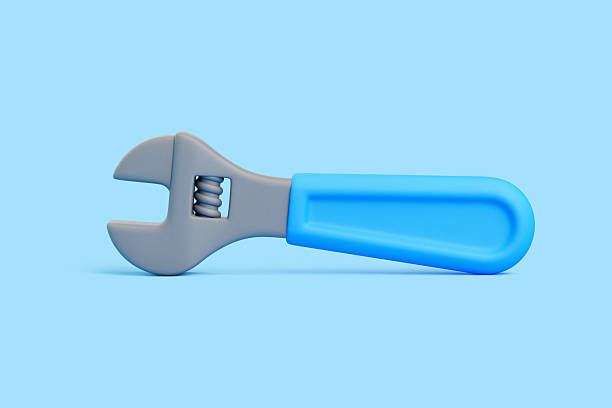 3D render of an adjustable wrench with blue handle lying flat on light blue background, symbolizing maintenance, fixing, and mechanical work in minimal style