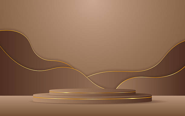 istock Brown podium with brown curves and elegant gold lines on the back for product presentation 2229382331