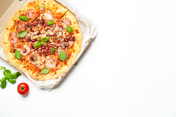 istock Pizza Margarita in a cardboard box on white background. 2229390267