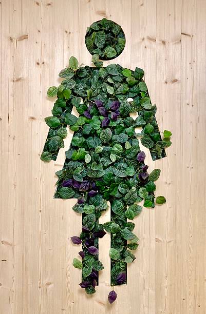 istock Leaf-covered female silhouette on wooden surface as eco-friendly concept background 2229392680