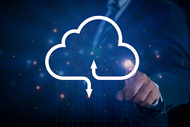 istock Cloud computing infrastructure technology, Upload and download icon, arrows sign. Businessman's hands display large online data system storage service concept. 2229397028