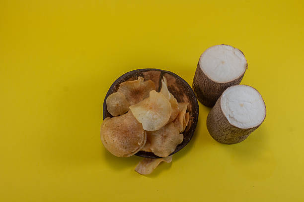Cassava Crisps on Plate with Fresh Cassava Root over Yellow Background