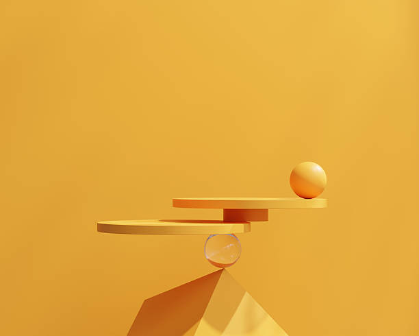 Abstract 3D illustration representing balance, imbalance and stability using spheres and wooden planks on a dark background. Minimal geometric composition symbolizing decision making, equality, risk and business strategy.
