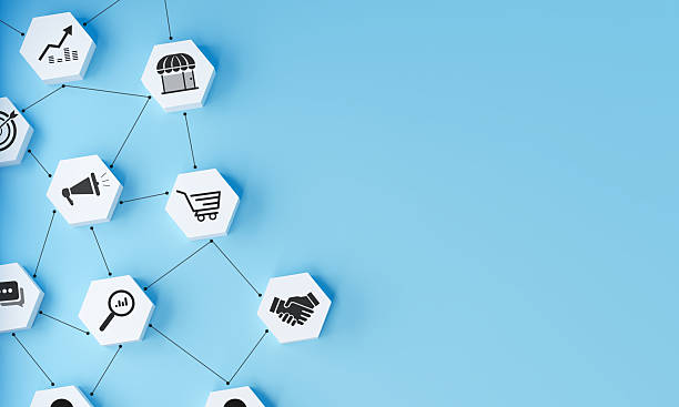 Business and marketing concepts like Ecommerce, advertising, data analysis, and partnership in an integrated digital ecosystem. A network of interconnected hexagonal icons on a light blue background.