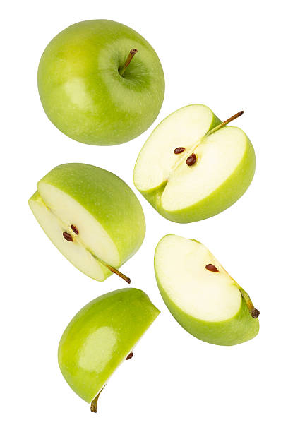istock Falling Green Apple isolated on white background with clipping path, full depth of field 2229407085