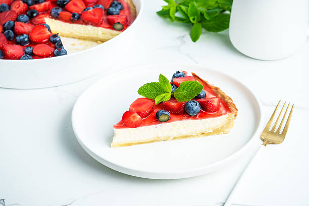 istock Tart with strawberry and blueberry on white plate. 2229407584