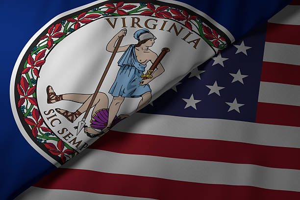 Close-up view of the Virginia state flag alongside the United States national flag. The vibrant colors and fabric texture highlight the unity and identity of the state within the nation.