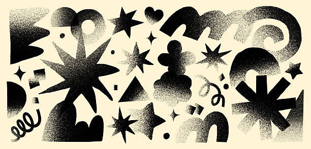 A collection of abstract geometric shapes and star elements with a retro grain texture in black and beige. Perfect for backgrounds, design projects, and creative compositions with a vintage and modern touch.