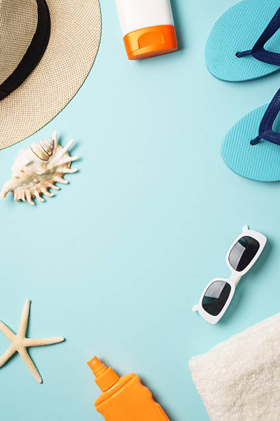 istock Beach cloth and accessories with sea shells on blue background. 2229413176
