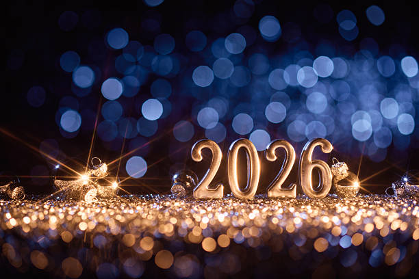 istock Elegant Silver 2026 Display with Blue Bokeh and Sparkling Holiday Lights 2229416904