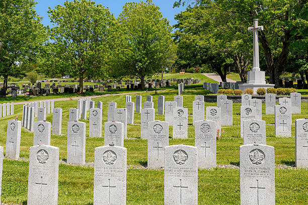 Poznań, Greater Poland Voivodeship, Poland - july 27, 2025 Royal Air Force soldiers' headstones at the Commonwealth War Cemetery in Poznań Citadel, surrounded by flowers and greenery, memorial of World War II victims.