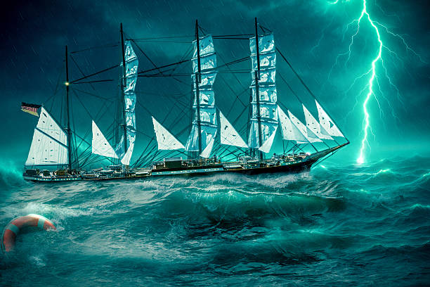 istock Tall sailing ship in stormy sea with lightning strike 2229424280