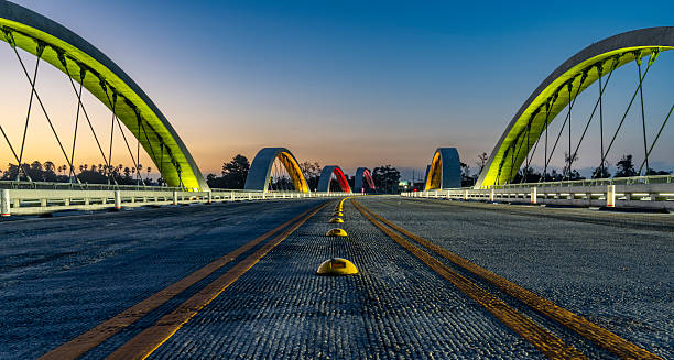 6th Street Bridge in Los Angeles with palm trees and the rising sun in the background.