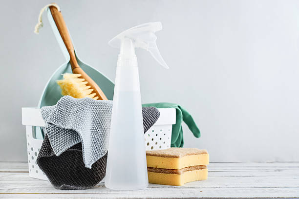istock Cleaning service concept. Cleaning accessories in blue color. 2229427126