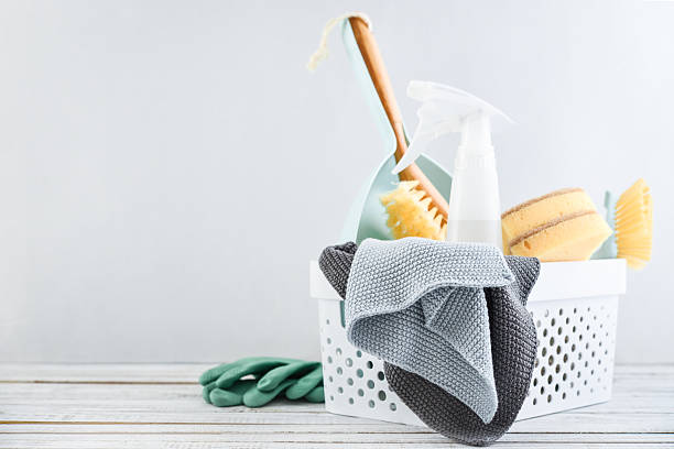 istock Cleaning service concept. Cleaning accessories in blue color. 2229427132