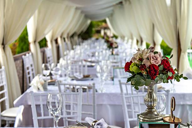 istock A long table set up for a wedding reception with white linens and flowers 2229436114