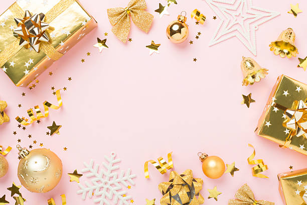 istock Christmas decor, gift boxes and confetti on color background, top view. Copy space for design 2229436402