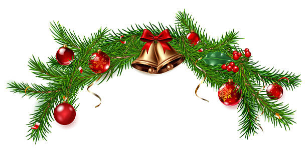 istock Festive Christmas garland made of pine branches, red ornaments and bells with bow. 2229438498