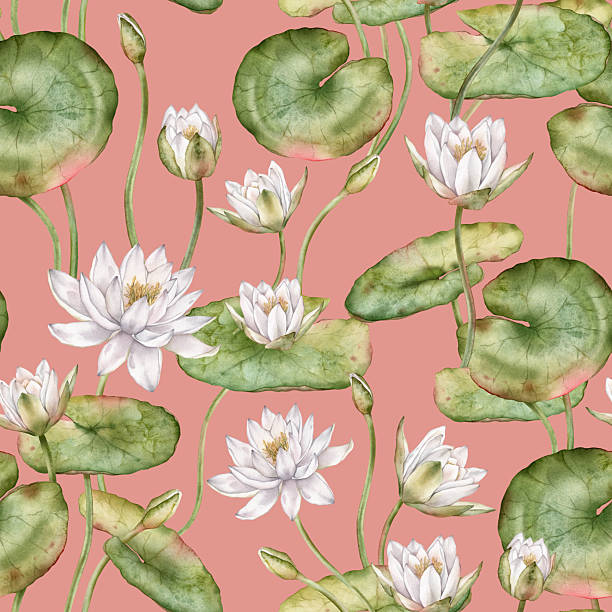istock Seamless watercolor pattern featuring delicate white water lilies with green leaves. Hand-drawn lotus flowers on an isolated background, perfect for textiles and wrapping paper. 2229457945