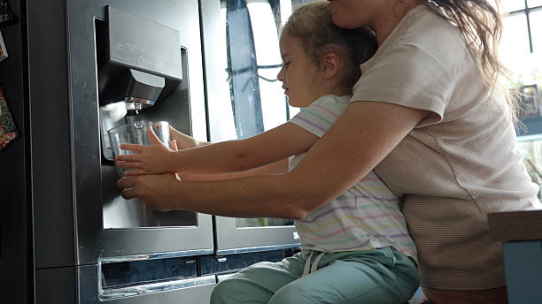 istock Mom & Kid Fill Bowl With Ice Cubes From Ice Maker On Smart Fridge 2229458315