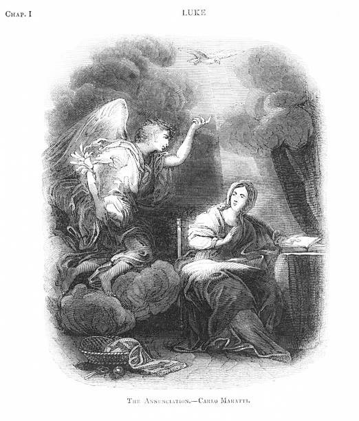 An angel tells Virgin Mary she will be pregnant by the Holy Spirit and give birth to the Messiah. Engraving published  1838. Original edition is in my archives. Copyright expired and in Public Domain.