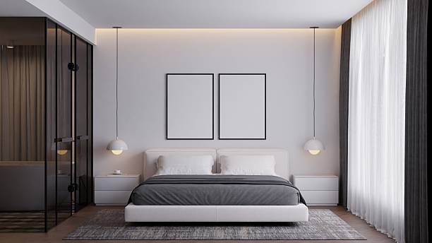 istock Modern Minimalist Bedroom Interior with Neutral Colors and Frame Poster Mockup 2229462318
