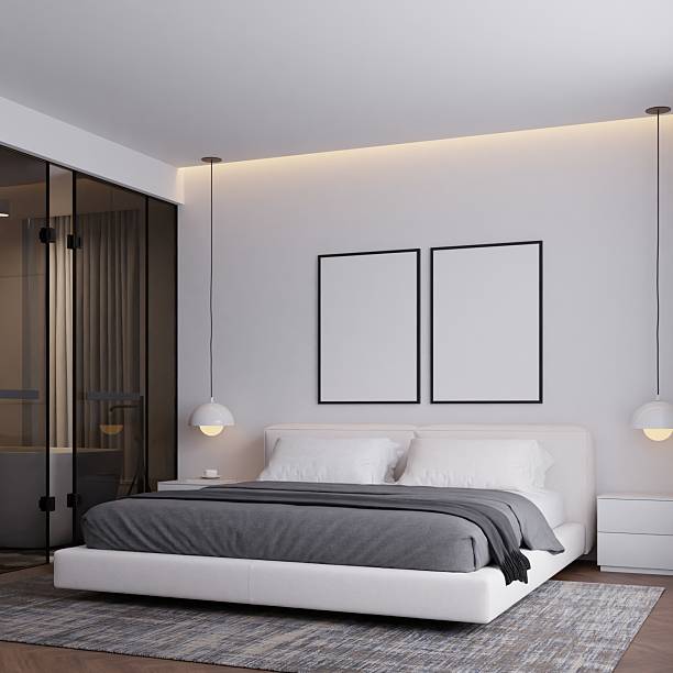 istock Modern Minimalist Bedroom Interior with Neutral Colors and Frame Poster Mockup 2229462323