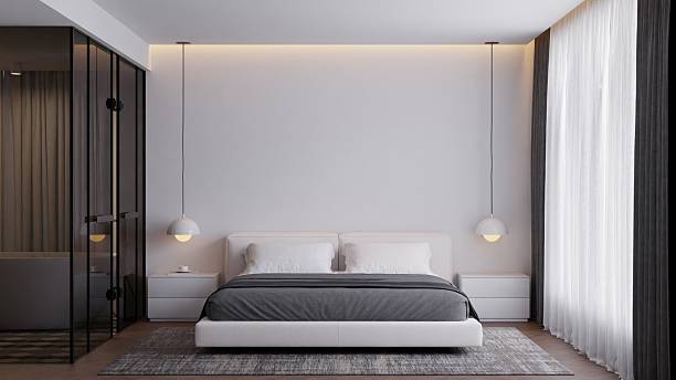 istock Modern Minimalist Bedroom Interior with Neutral Colors and Frame Poster Mockup 2229462361