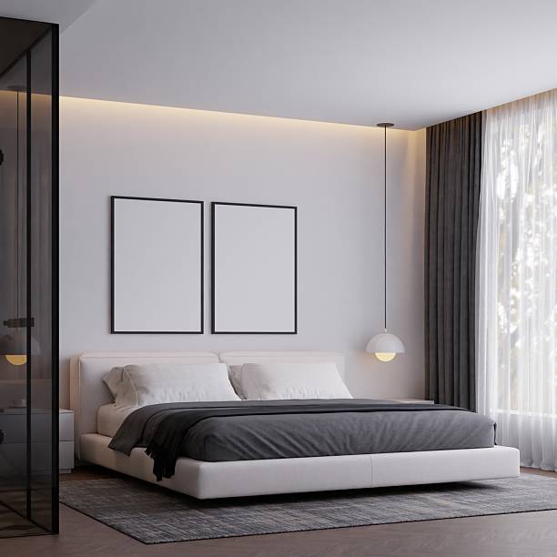 istock Modern Minimalist Bedroom Interior with Neutral Colors and Frame Poster Mockup 2229462380