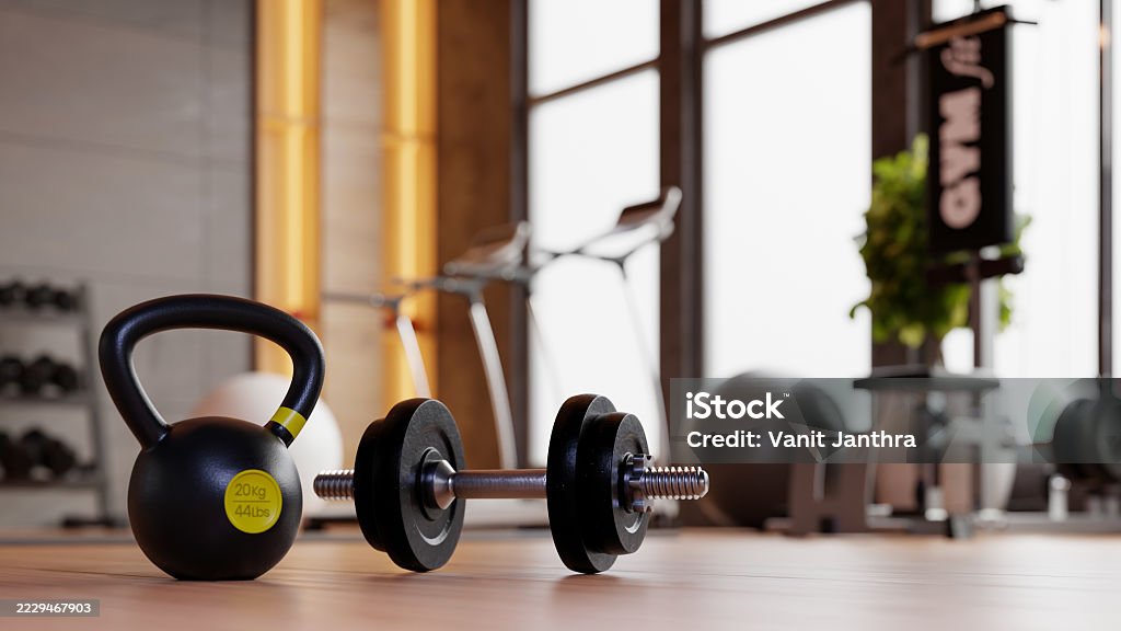 Kettlebell und Kurzhantel im modernen Fitnessstudio - 3D-Rendering - Lizenzfrei Trainingsraum - Freizeiteinrichtung Stock-Foto Kettlebell und Kurzhantel im modernen Fitnessstudio - 3D-Rendering - Lizenzfrei Trainingsraum - Freizeiteinrichtung Stock-Foto