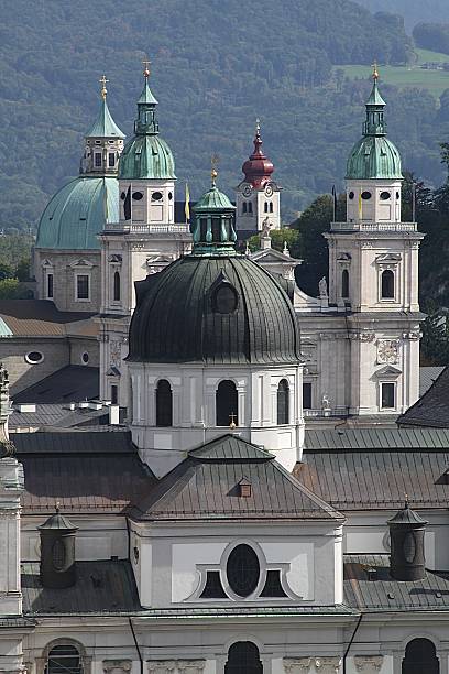 Close-up of multiple cathedral steeples in Salzburg, Austria