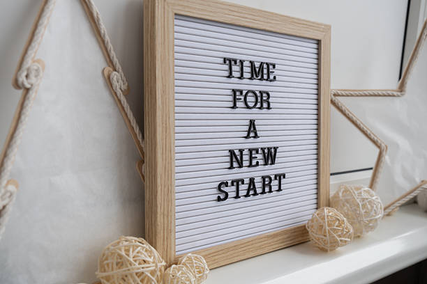 istock TIME FOR A NEW START text on black letter board with cozy minimalistic handmade Christmas decor. New year aims resolutions. Low key festive Planning and setting goals 2229478748