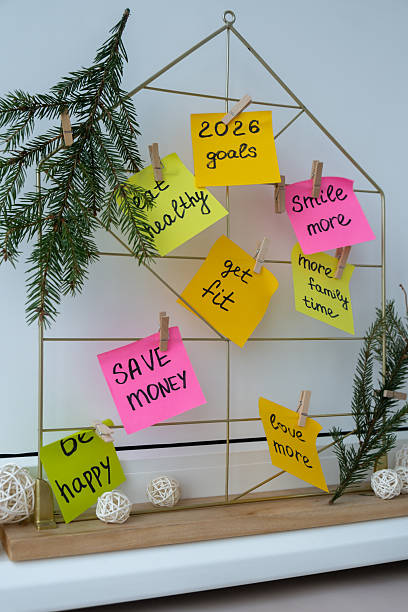 Vision board with 2026 new year resolutions aims goals on sticky notes. Preparation for New Year. Planning and setting goals for personal development