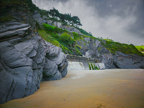 Natural coastal rock formations with sandy beach and green vegetation in Deba, Basque Country, Spain, captured on 11 April 2025. Scenic landscape with textured cliffs and warm sand under cloudy sky.