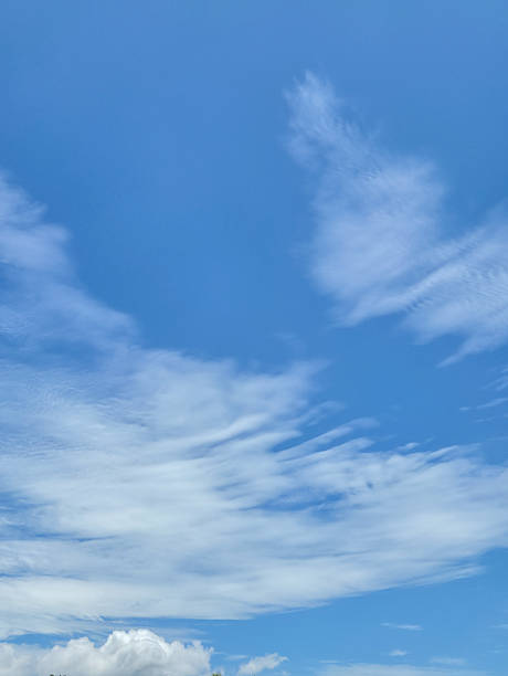 Clear blue sky with soft white clouds scattered across the frame, for background or nature themes