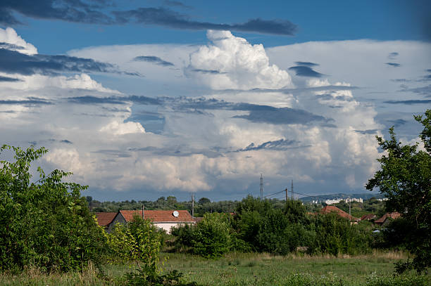 A cloudy sky with a few trees in the background. The sky is blue and the clouds are white