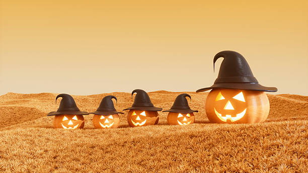 Halloween Pumpkins with Witch's Hat on Autumn Landscape. Digitally generated image. 3d render.