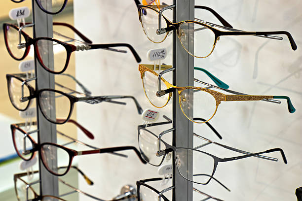This image shows a display of eyeglasses in a store