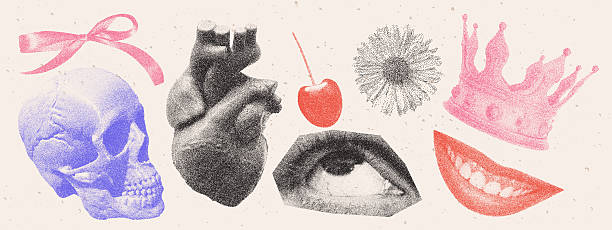 Halftone photocopy collage set. Skull, bow, human heart, cherry, chamomile, eye, crown and mouth in bitmap stipple style. Vintage pop art elements with grainy dotted texture