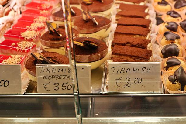 Pastry vitrine filled with tiramisu in Venice, Italy