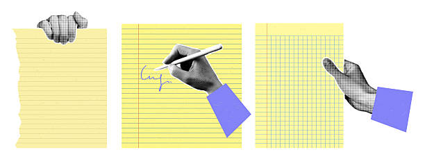 istock Yellow torn notebook paper collage with hands and pen. Modern school and office supplies concept for design, banner, or digital project. 2229502174