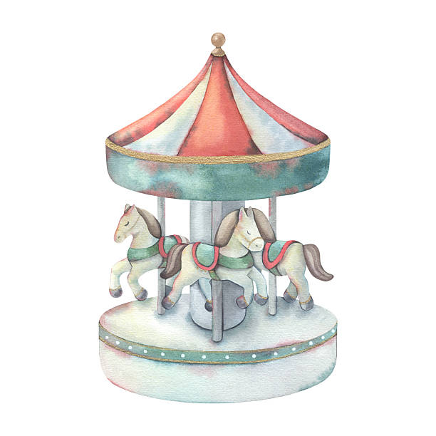Merry-go-round carousel with horses. Hand-painted watercolor illustration isolated on white background for fairground scenes, greeting cards, festive decor, children designs, holiday projects.