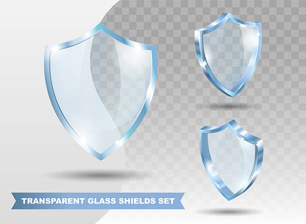 istock Set of shiny transparent glass shields with blue edges realistic vector illustration. Acrylic security plate with reflections and light sparkles. 2229509134