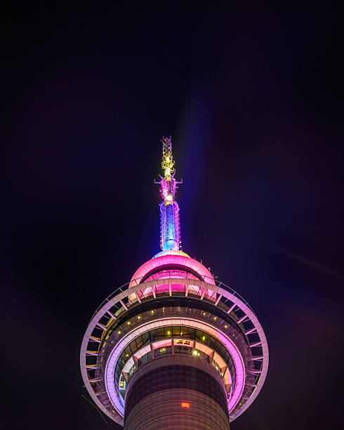 istock Sky Tower in pink, purple and blue at night. Low angle view. Auckland. 2229510090