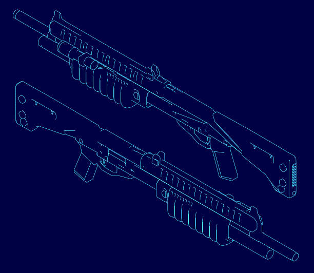 istock Shotgun blueprint on blue background displays precise contours and mechanical details. The technical drawing highlights the weapon's structure with clean lines and annotations. 2229512663